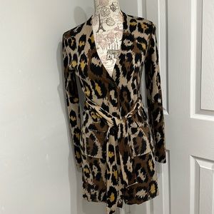 Diane Von Furstenberg 100% wool leopard pattern, belted cardigan